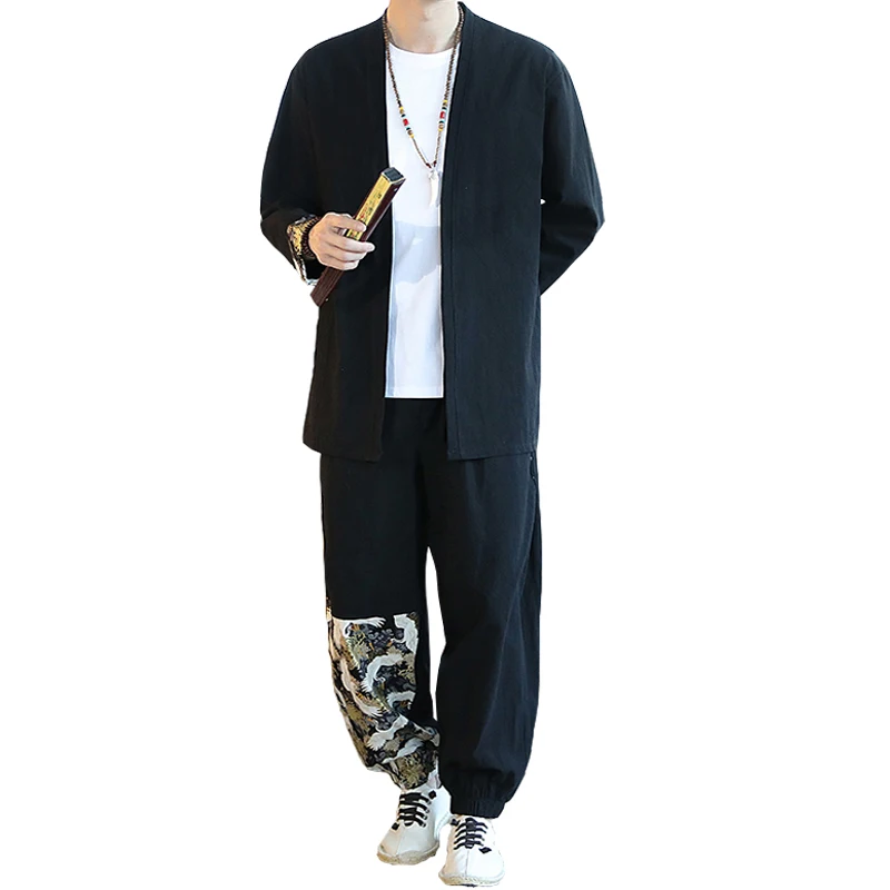 

Kimono Shirt + Pants Men Sets Casual Linen Cotton Streetwear Long Sleeve Outerwear Tops Loose Pants Vintage Men 2 Pieces Sets
