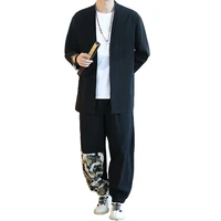 kimono shirt pants men sets casual linen cotton streetwear long sleeve outerwear tops loose pants vintage men 2 pieces sets