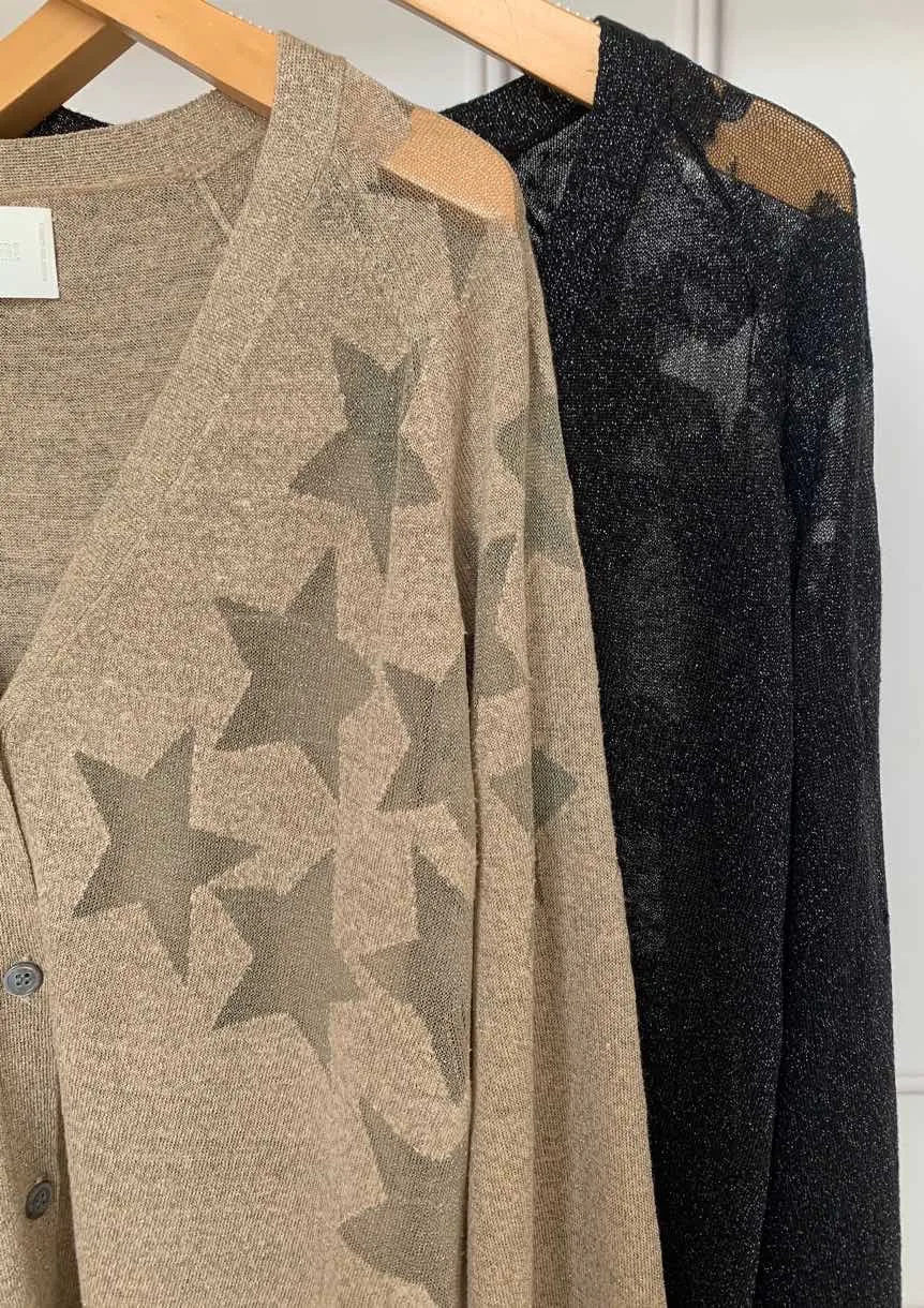 2021 Spring Autumn New Fashion V-neck Digital Pentagram Design Blazed Gold and Silver Thread Linen Knitted Cardigan Top Z1