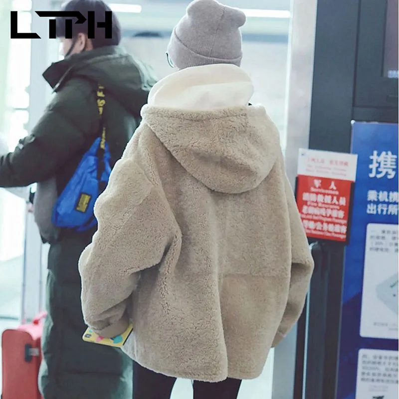 

LTPH Solid color Imitate lambswool outerwear loose woman parkas hooded zipper thicken warm jacket coat 2020 Autumn Winter New