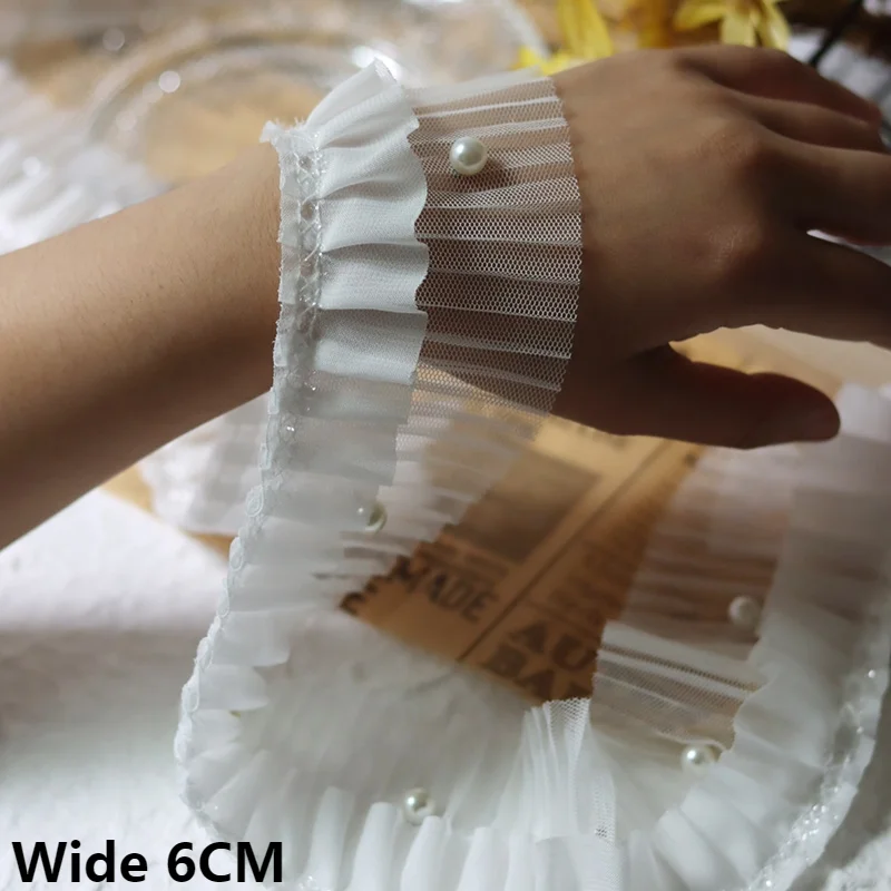 

6CM Wide White Double Layers Chiffon Pleated Fabric Ribbon Beaded Fringe Lace Edge Trim Dress Hemlines Clothes Stitched Material