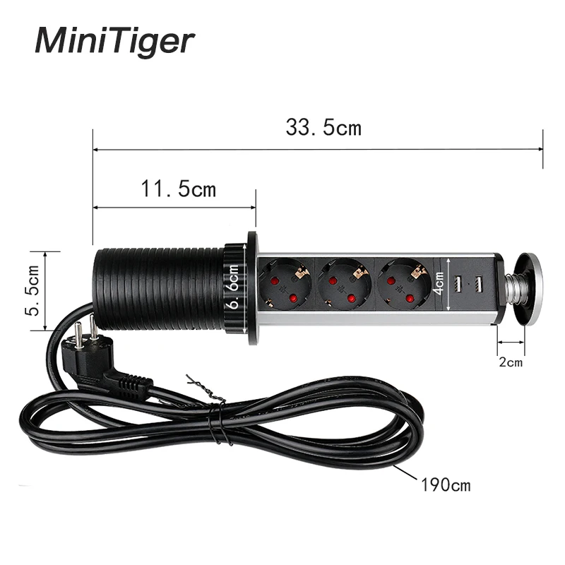 Minitiger 16A PULL POP UP 3 Power Socket 2 USB Charging Port Kitchen Table Desktop Sockets Retractable Countertops EU/FR Plug |