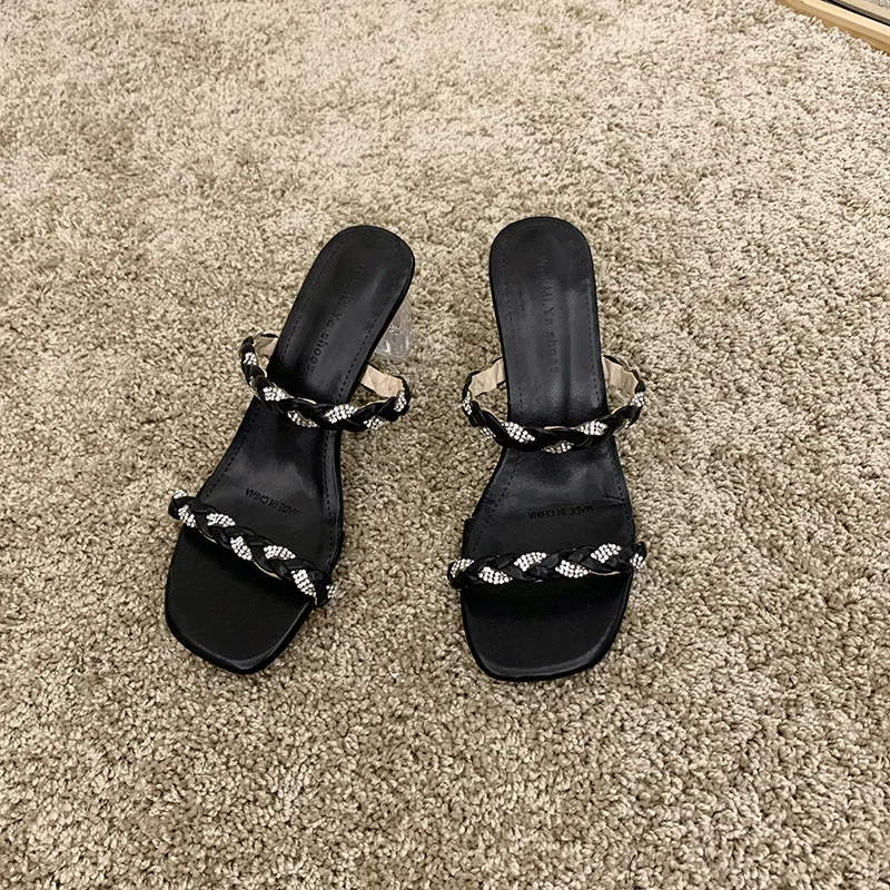 

Shoes Women Low Female Slippers Slides Fashion Square heel Heeled Mules Jelly Flip Flops Soft 2021 Luxury Block High Glitter Fa