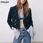 Женский твидовый пиджак MXTIN, винтажный двубортный пиджак в клетку, модный офисный короткий Блейзер с отворотным воротником и длинным рукавом, 2021