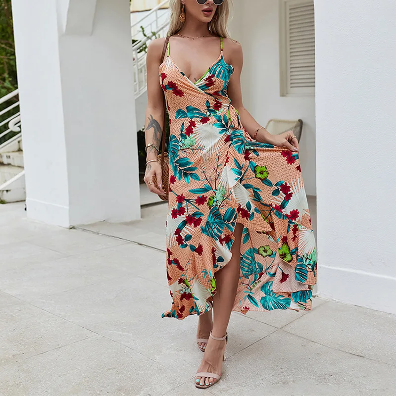 

Sexy Spaghetti Strap Summer Dress Chic V Neck Polka Print Ruffles Irregular Hem Bohemian Long Designer Dresses Beach Holiday