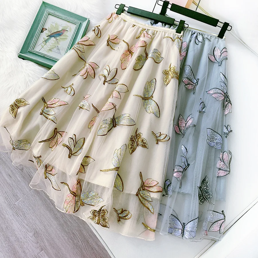 Роскошные юбки из тюля с вышивкой в виде стрекозы блестками новинка 2020 женские