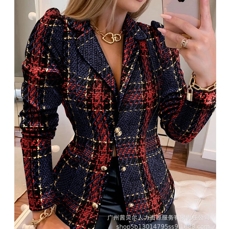 

Mandylandy Printed Checks Short Coat Jackets Women Long Sleeve Slim Fits Shorts Casual Suits Coats Outwear Streetwear Jackets
