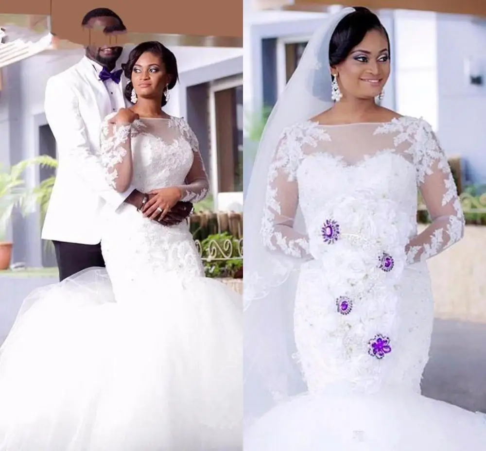 

High Quality Mermaid Lace Scoop Long Sleeves Floor Length Custom Made Wedding Gown Bridal Dresses 2020