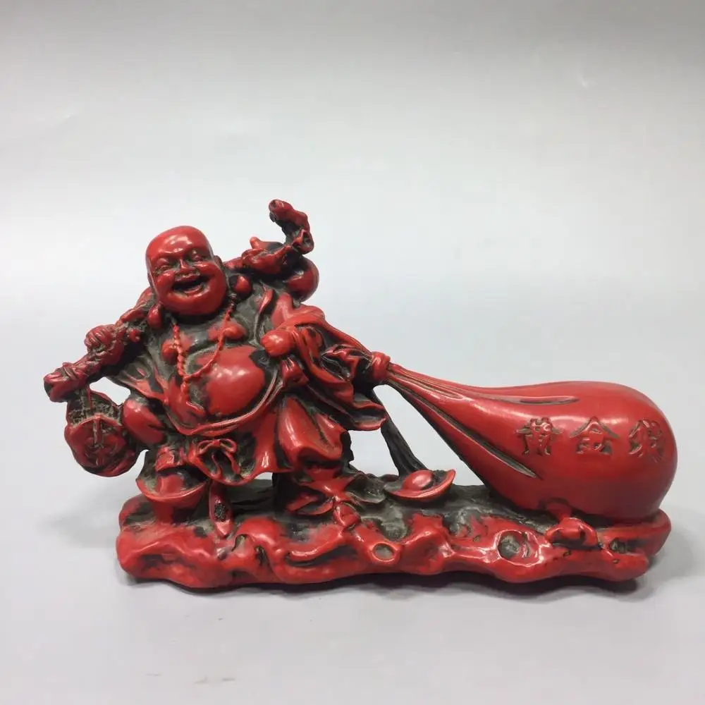 

China old Beijing old goods Red coral carving Character Maitreya Buddha statue