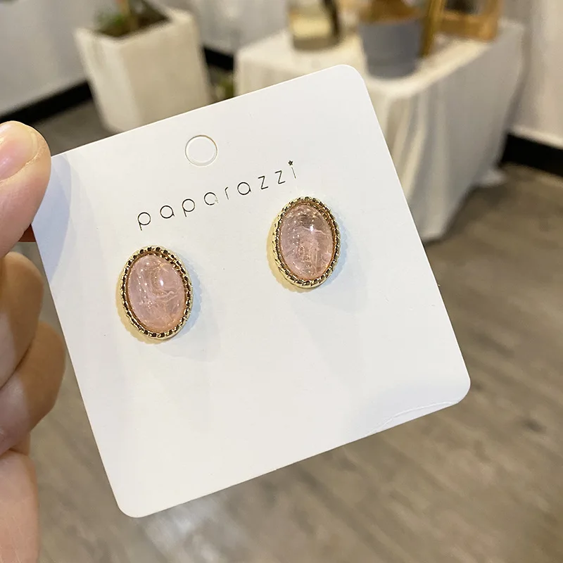 

S925 Silver Needle French Simple Earrings Geometric Oval Pink Crystal Earrings Niche Retro Wild Temperament Earrings