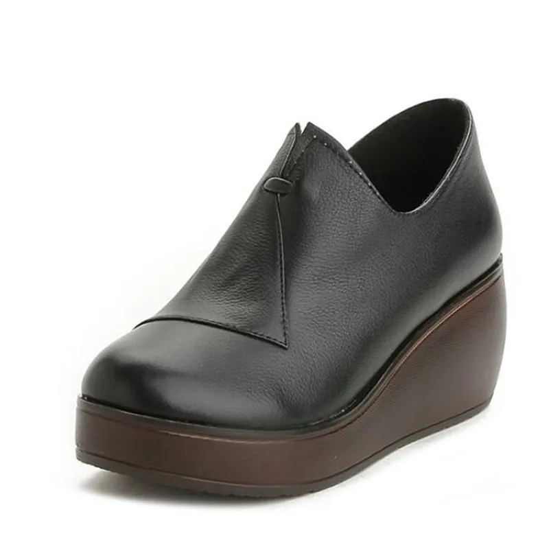 

Hot 2020 New Spring Top Cowhide Leather Shoes Women High Heel Shoes Wedge Black Shoes Fashion Elegant Comfort Women Casual Shoes
