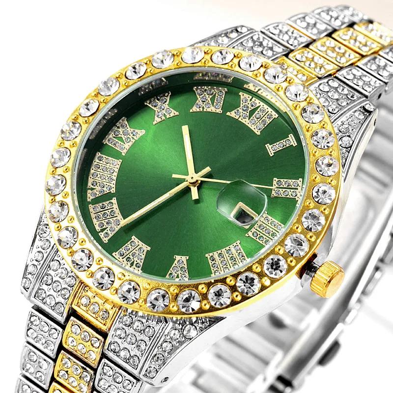 

Full Iced Out Watch for Men Blue Red Green Dail Hip Hop Mens Watch Fashion Luxury Diamond Mens Watches Clocks Groomsmen Gifts