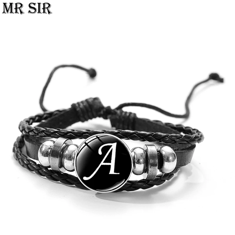 

Initial 26 Letter Bracelets Alphabet Black Braided Rope Leather Couple Bracelet Glass Snap Bead for Bangles Gothic Jewelry Gifts