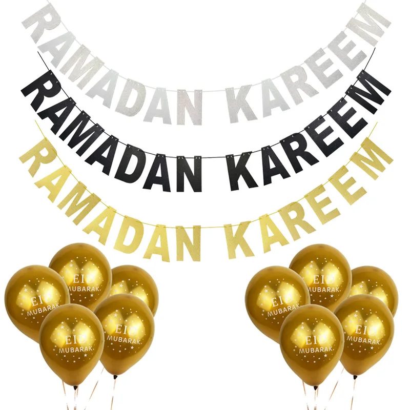 

1 SET RAMADAN KAREEM Banner Glitter and EID balloon Festival Bunting Muslim Mubarak Decoration Ramadan Supplies