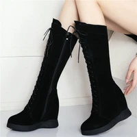 thigh high sneakers women lace up genuine leather knee high boots female wedges high heel tall shaft platform winter pumps shoes