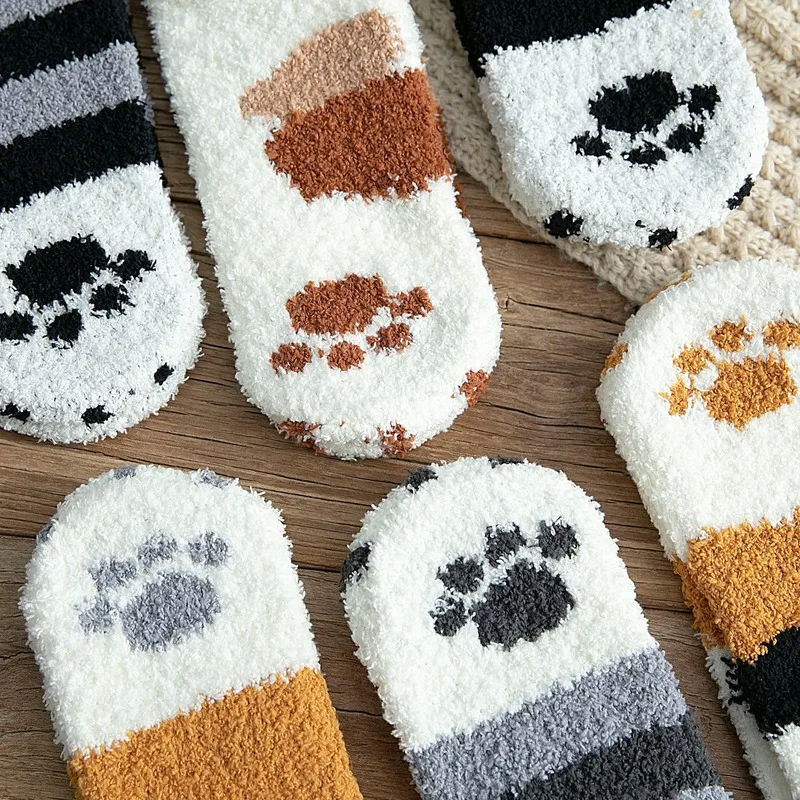 Fuzzy Fluffy Terry Warm Socks Animal Claws Coral Velvet Winter Kawaii Thick Striped Cartoon Women Short Cute | Женская одежда