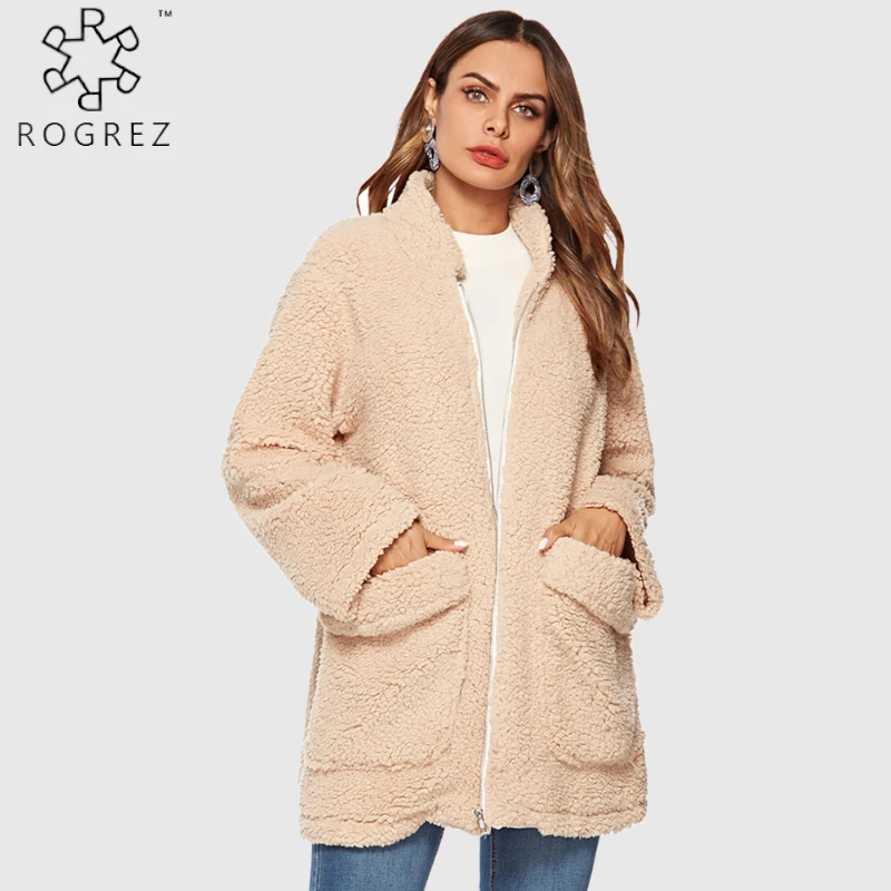 ROGREZ Новое Поступление Женское шерстяное пальто с карманами на молнии и круглым