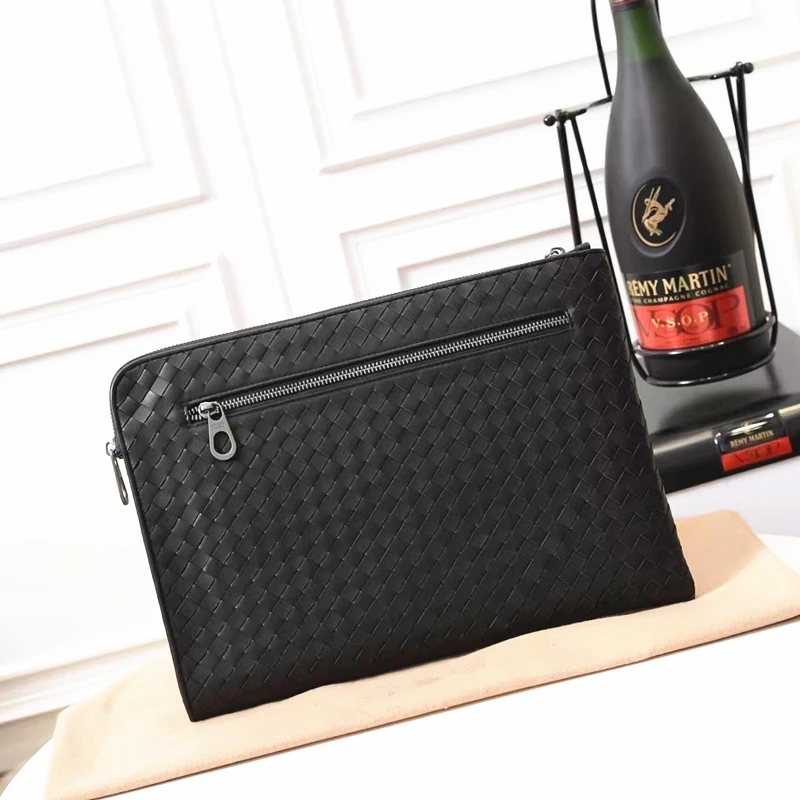 2021 Fashion Woven Brand Briefcase Leather Messenger Bag Luxury Black Casual Envelope Bag Men's Clutch Travel Wallet A4