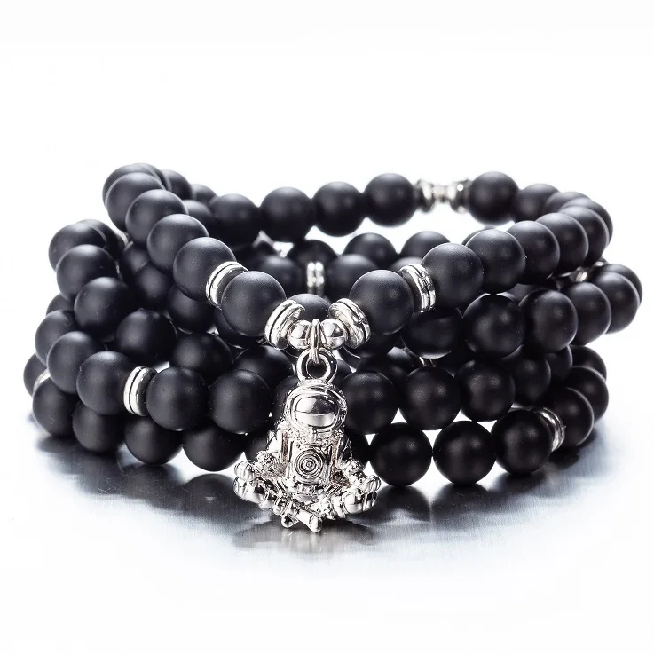 matteonyx astronaut 108 бусы натуральные камни Мала Будда Лотос дерево чакра Йога пара очарованные эластичные браслеты - Окраска металла: matteonyx astronaut
