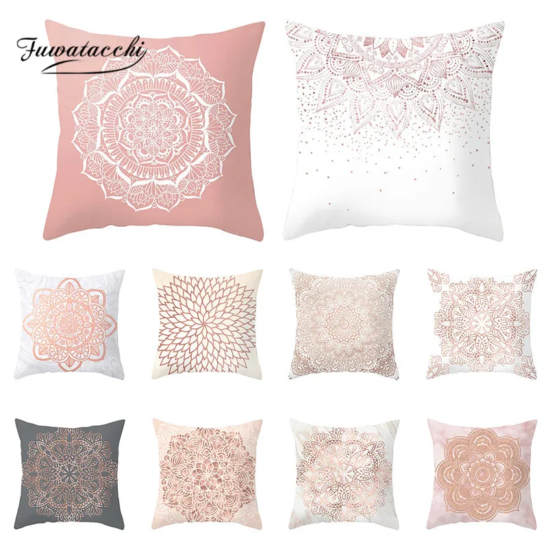 Fuwatacchi Rose Gold Geometric Cushion Cover Flower Decorative Pillows Cover for Home Sofa Bed Polyester Throw Pillowcases 45*45