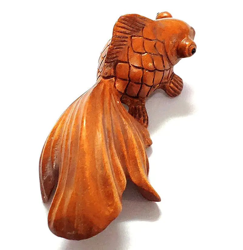 

Collectible 2 INCH Japanese Boxwood 20 Years Old Hand Carved Netsuke Sculpture Miniature Lovely Gold Fish - #ZY7780