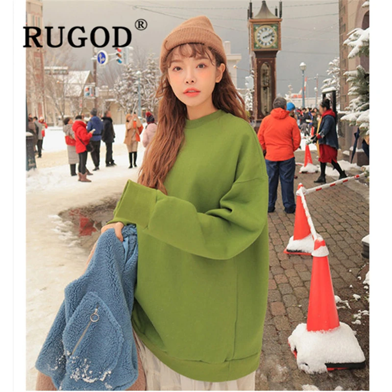 RUGOD, Осень-зима, утолщенные женские толстовки, корейская мода ins, круглый вырез, Однотонный свитер, женский Harajuku sudadera mujer