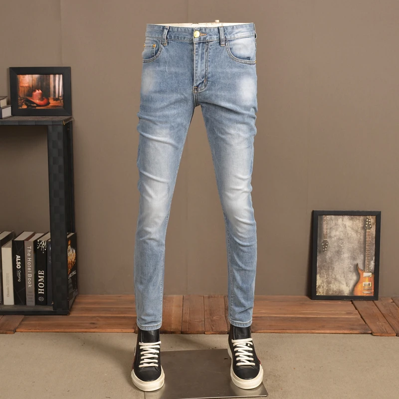 Summer Men Light Blue Jeans Fashion Korean Style Slim Fit Denim Pants