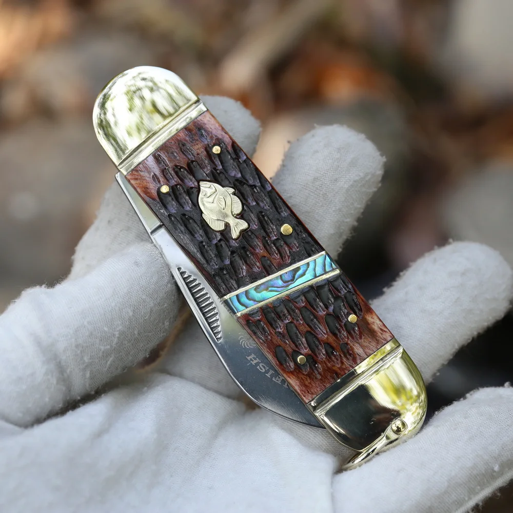 4116 Стальное зеркальное лезвие складного ножа Sunfish с костяной рукояткой, покрытой кожей + латунная рукоятка для активного отдыха, охоты и кемпинга - набор ножей для использования в повседневных целях.