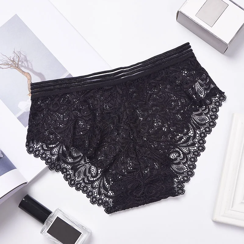 Женское нижнее белье размера плюс вышивка кружевное прозрачные трусики черный