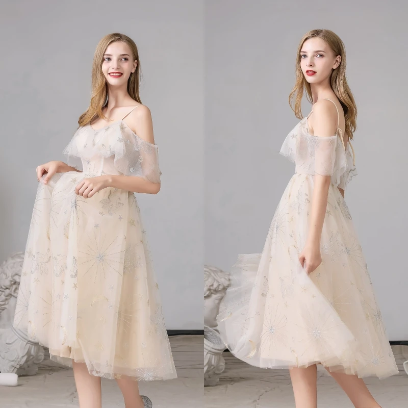 Кружевное Тюлевое вечернее платье цвета шампанского длиной ниже колена женское