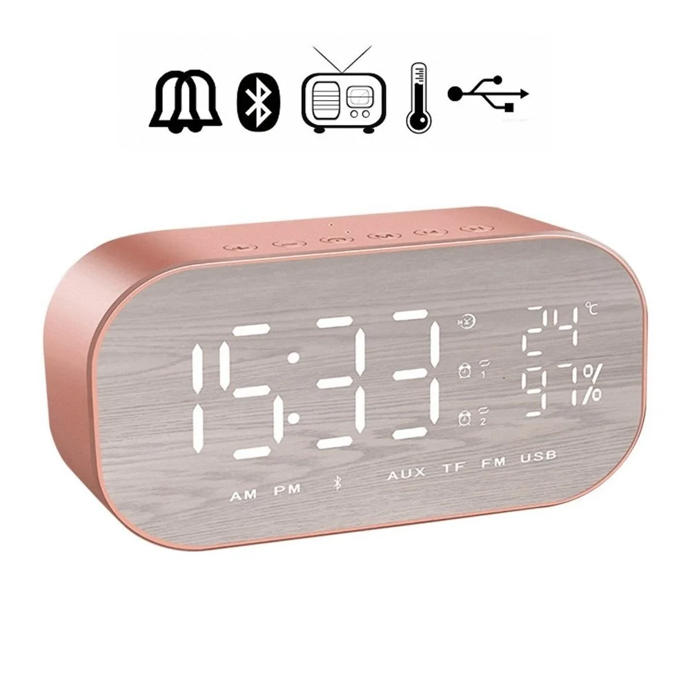 LED Alarm Clock with FM Radio Wireless Bluetooth Speaker Mirror Display Support Aux TF USB Music Player for Office Home |