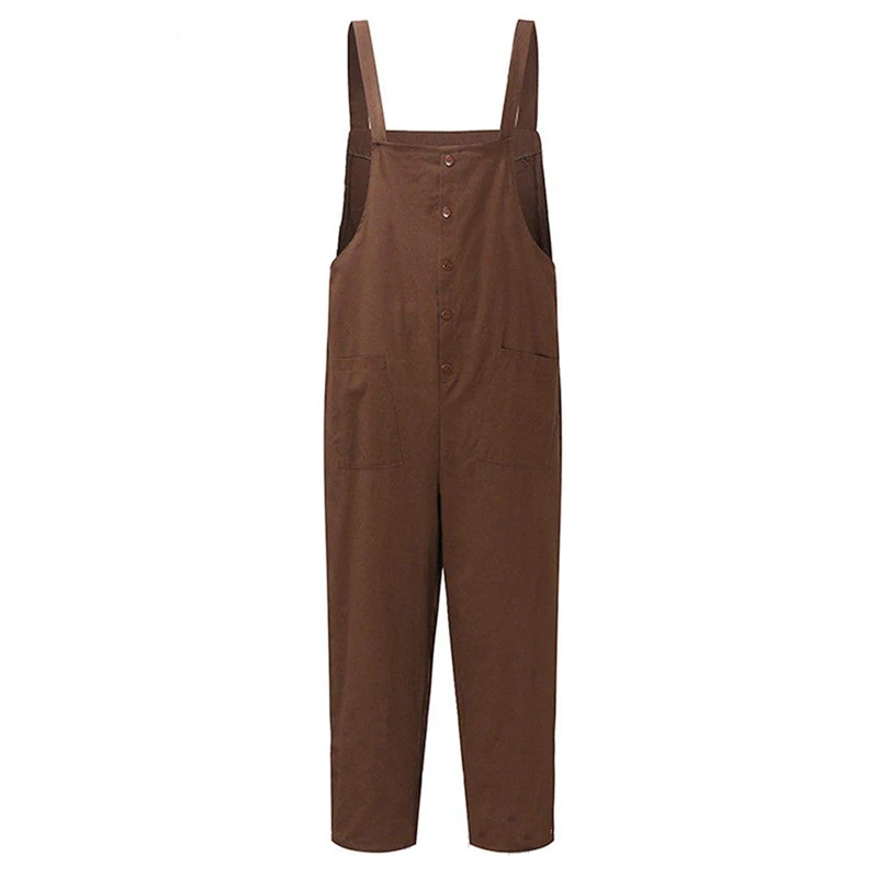 

2019 Summer Women Overalls Cool Cotton Linen Jumpsuit Single breasted Casual Long Pants Sleeveless Jumpsuits Pocket Rompers 3XL