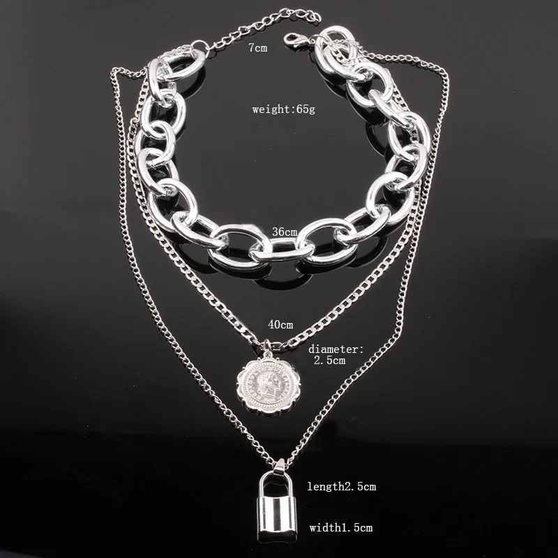 

Fashion Metal Multilayer Necklace For Women Lady Alloy Lock Coin Pendant Neck Chains Punk Hip Hop Goth Jewelry Choker Gift