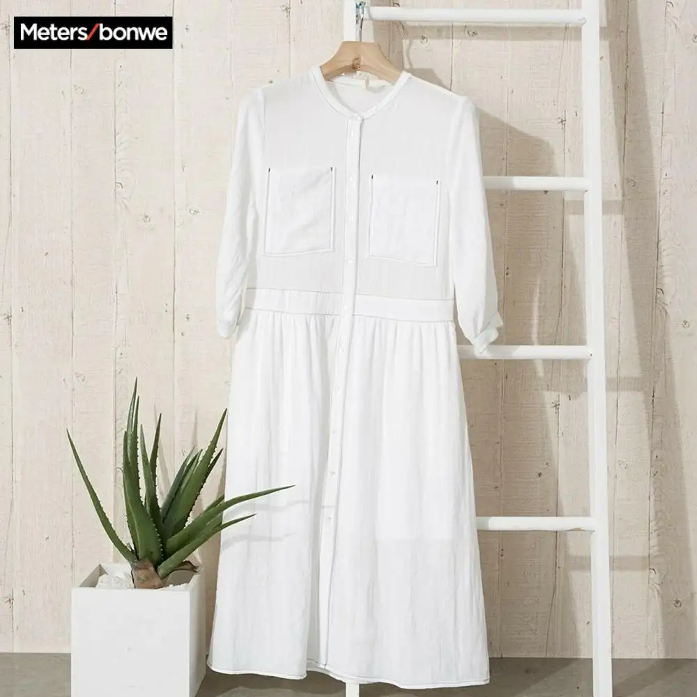 Женское шифоновое платье Metersbonwe длинное летнее белого цвета с эластичной