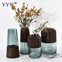 wooden barrel transparent glass vase simple creative living room dried flower flower arrangement decorat desktop floral ornament
