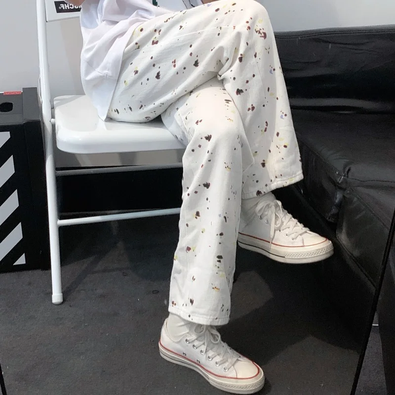 

Harajpoo Women Pants Hip-hop Jeans Female Summer Korean Ins White Splash Ink Straight Wide Leg Couple Loose High Waist Trousers
