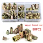 80 шт. резьба для деревянной вставки гайка фланцевый шестигранный привод M4 M5 M6 M8 Встраиваемая деревянная вставка из цинкового сплава гайка для мебели набор в ассортименте