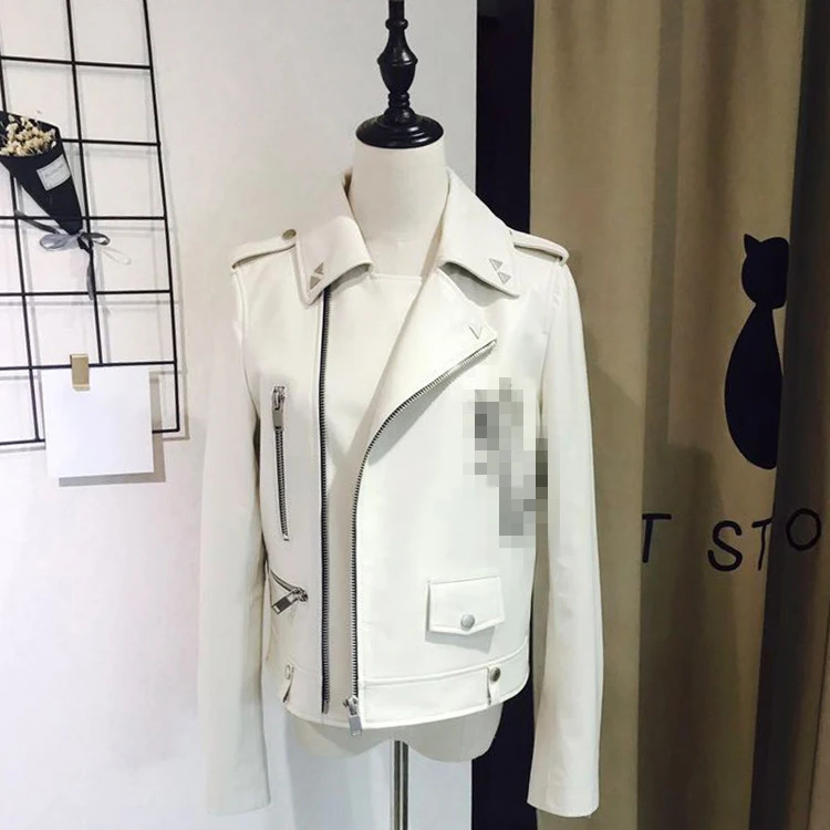 High Quality Lambskin Metal Decorative Letters Sheepskin Motorcycle Genuine Leather Clothes Women Real Leather White Jacket