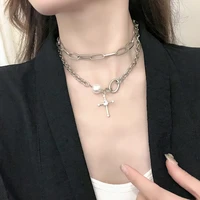 mihan trendy jewelry single cross pendant necklace new design silvery plating two layer chain choker necklace for women gifts