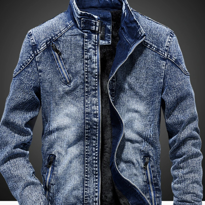 

New Vintage Mens Denim Jacket Solid Casual Mens Jeans Coat Fashion Stand Clothes for Men Black Blue Bomber