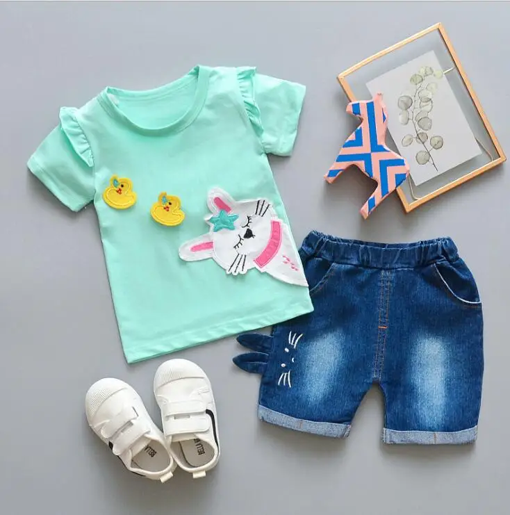 Baby Girls Clothing Sets Kids Summer Clothes Set Children Fashion Cartoon Cotton T-shirt+jeans 2pcs for Toddler 2020 New | Детская