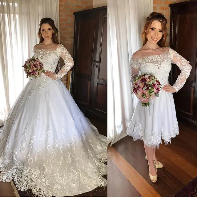 

Vestido De Noiva 2 Em 1 Lace Wedding Dresses Long Sleeve 2022 Sheer Bateau Neck Appliques Detachable Train Bride Wedding Gowns