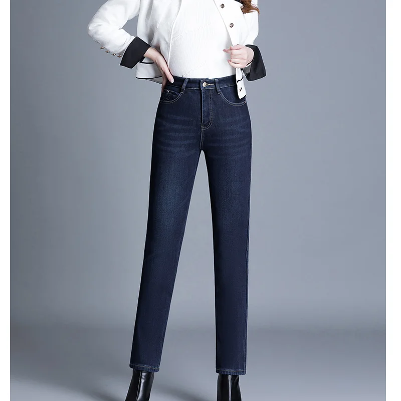 

Women Jeans Plus Velvet Autumn Spring Fashion Casual Temperament High Waist Solid Vintage Slimming Female Straight Pencil Pants