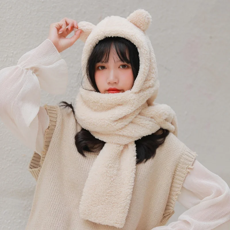 

Bear Ears Hat Scarf Cap Solid Two-Piece Women Ear Protectors Knit Warm Solid Caps Set Winter Hat Woman Winter Hat