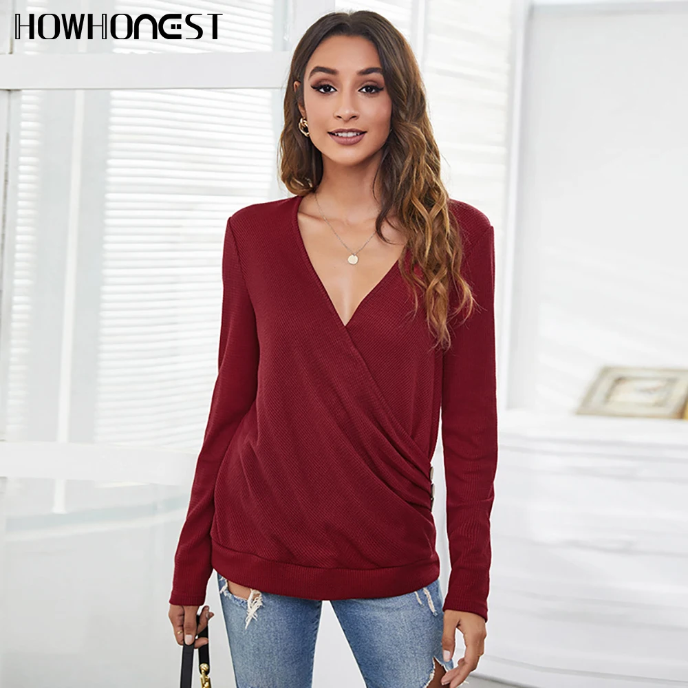 

Женская футболка на осень и зиму, новые сексуальные Свободные повседневные футболки с V-образным вырезом и длинными рукавами в европейском ...