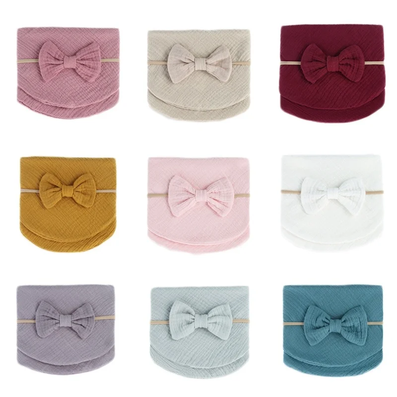 

2Pcs Baby Towels Muslin Cloth With Baby Headband Hand Face Wipes Saliva Bib Handkerchief Washcloth Boy And Girl Feeding Scarf