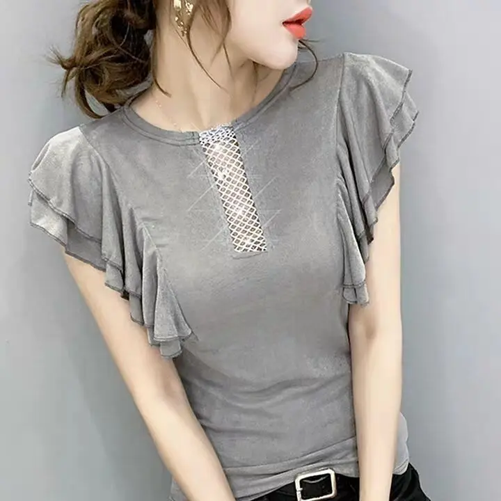 

Short sleeve t-shirt female 2021 summer new Korean slim hot diamond Ruffle Top western style T-shirt