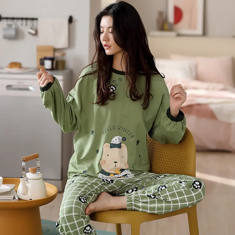 Осенний теплый женский пижамный комплект пижама из чистого хлопка зеленый