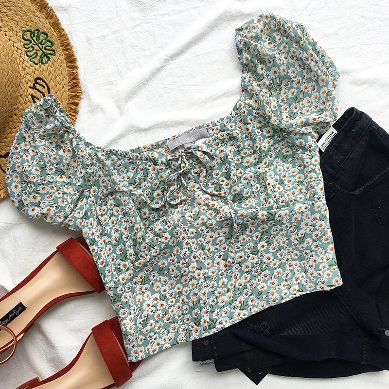 Винтажная Хлопковая женская блузка с зеленым цветочным принтом облегающая