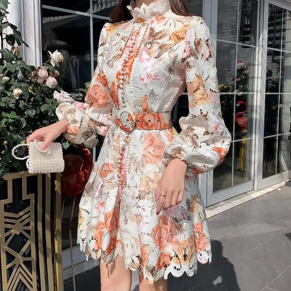 

Vintage Hollow Out Lace Floral Embroidery Dress Spring Autumn Women Stand Collar Lantern Sleeve High Waist Sashes Short Dresses